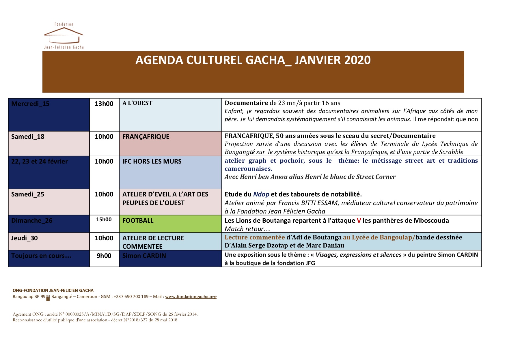 AGENDA CULTUREL DU MOIS DE JANVIER