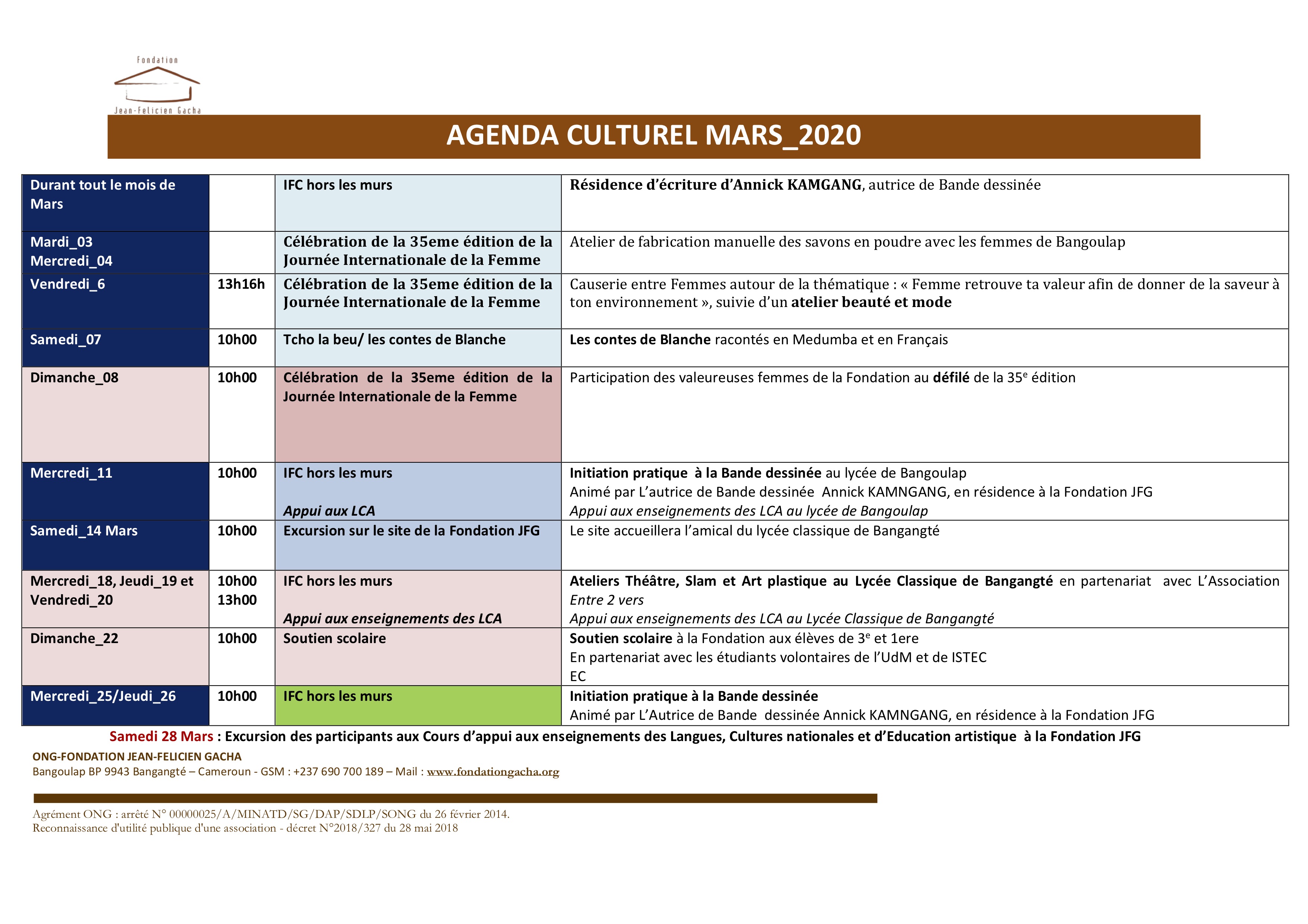 AGENDA CULTUREL DU MOIS DE MARS