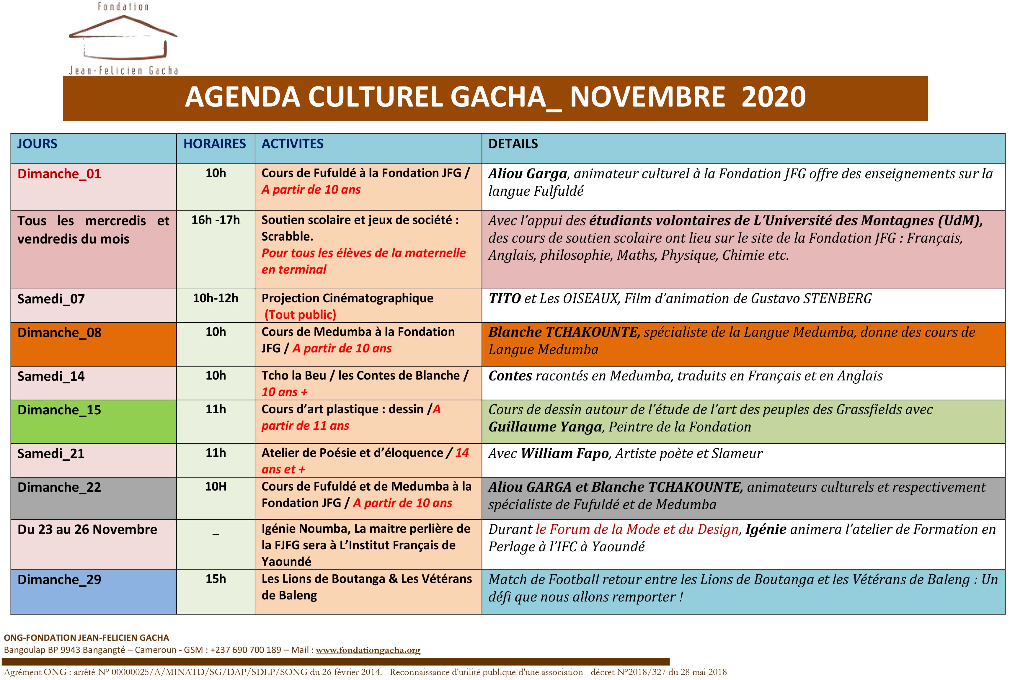 AGENDA CULTUREL DU MOIS DE NOVEMBRE 2020