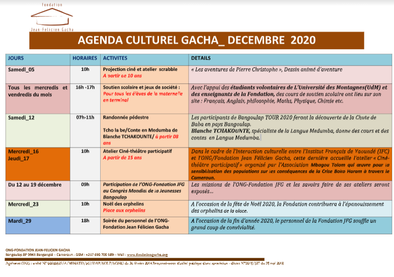 AGENDA CULTUREL DU MOIS DE DECEMBRE 2020