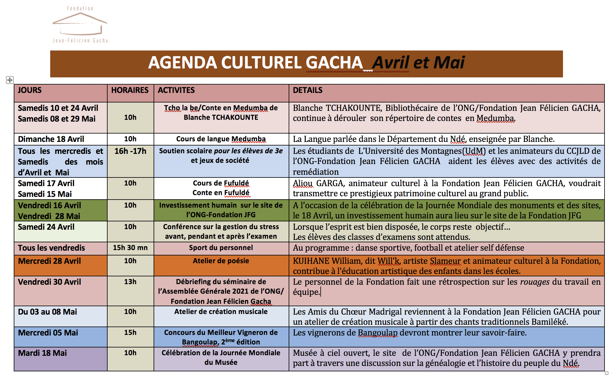 AGENDA CULTUREL DU MOIS DE MAI 2021