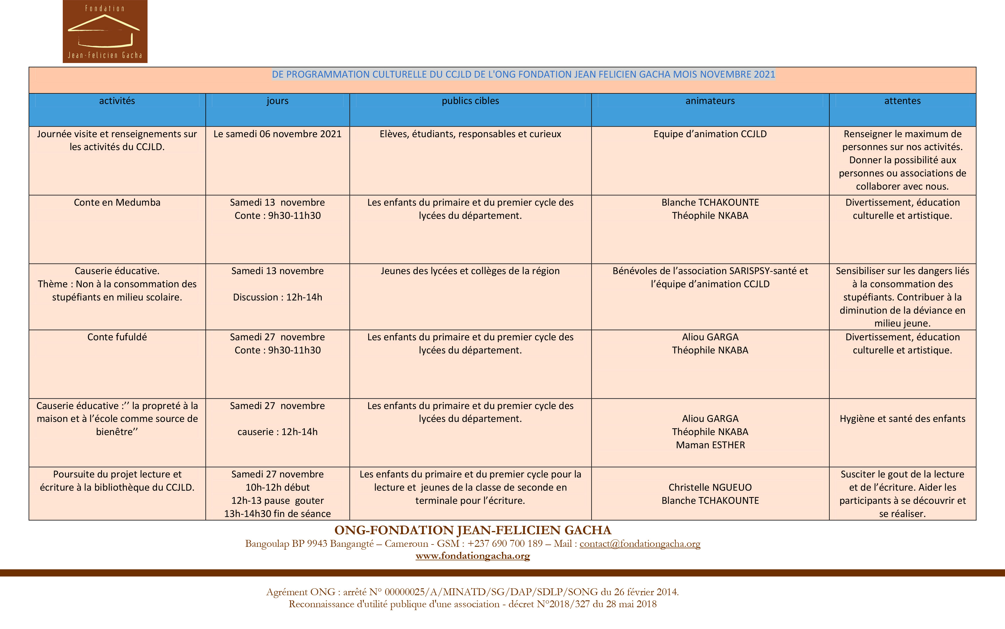 Agenda culturel du mois de Novembre 2021