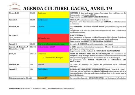 Agenda culturel d’Avril 2019 à la Fondation Gacha